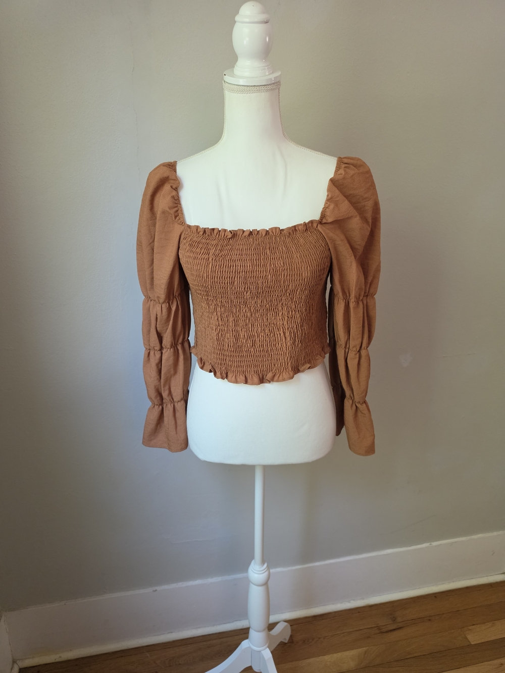 Smocked Square-Neck Crop Top in Caramel - Picture 2 of 9